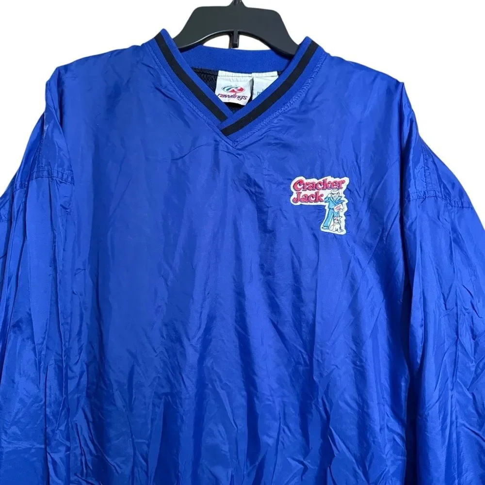 VINTAGE Rawlings Blue V-Neck Pullover with Cracker Jack Logo Patch Size XL